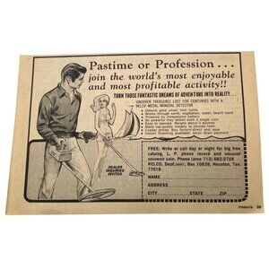 Relco Metal Detectors Print Ad Vintage 70s Gold Mining Treasure Hunt Houston TX